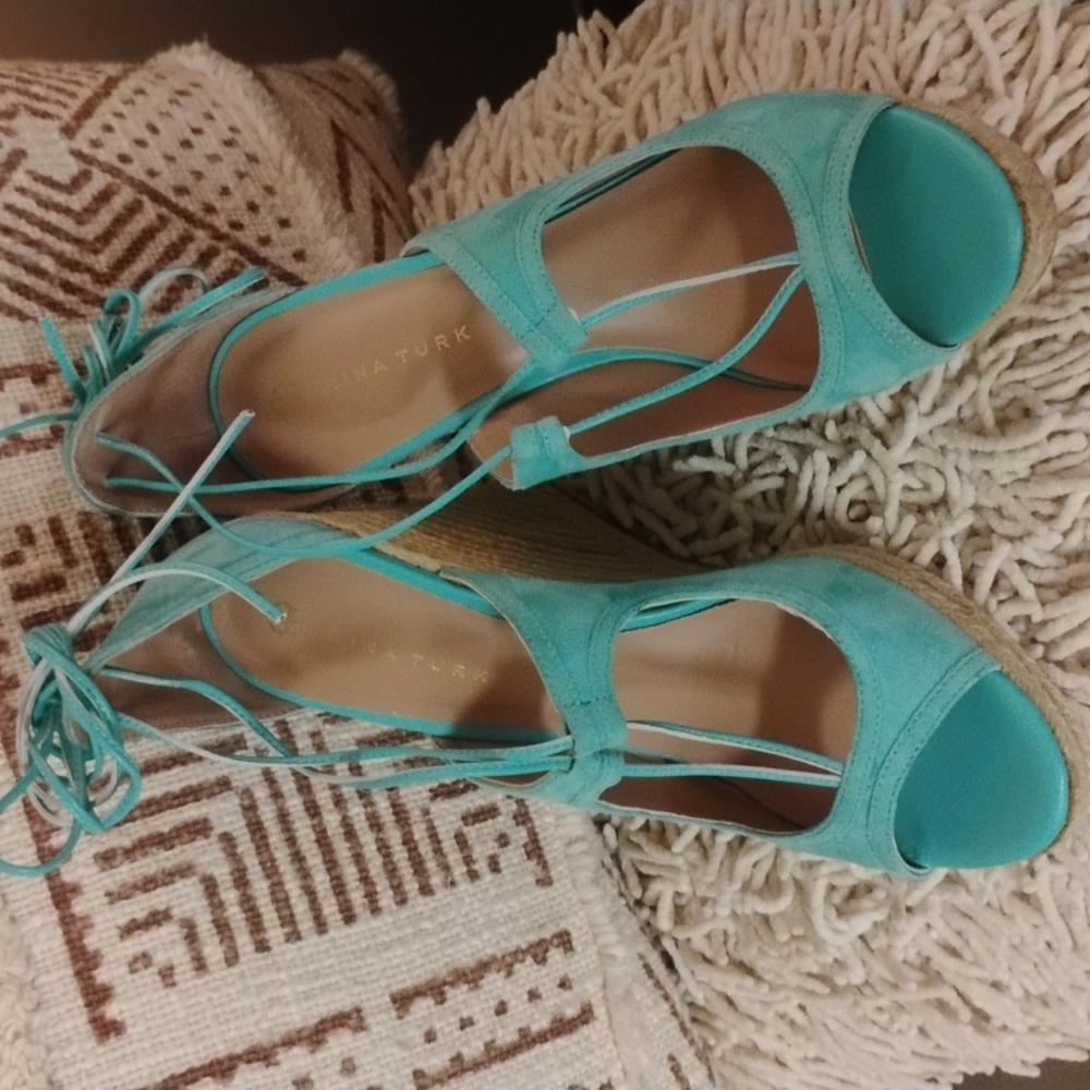 Trina Turk Turquoise Suede Leather Lace up Ankle Wrap Wedge Sandals